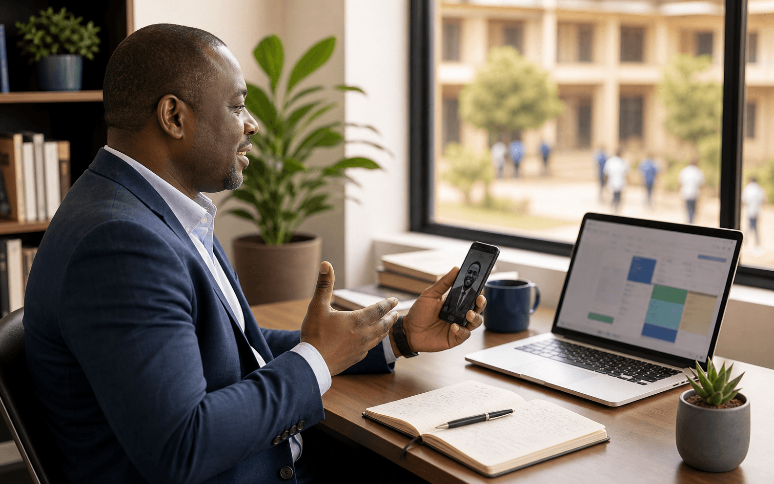 Bureau professionnel avec ordinateur, carnet et documents pour préparer une prise de contact