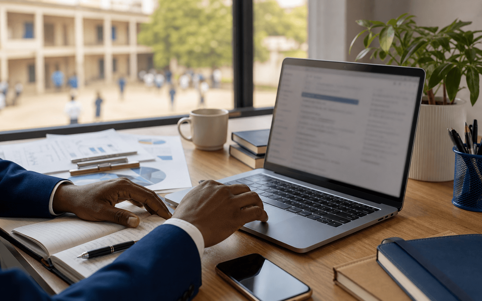 Bureau calme avec ordinateur et notes éditoriales pour préparer des analyses